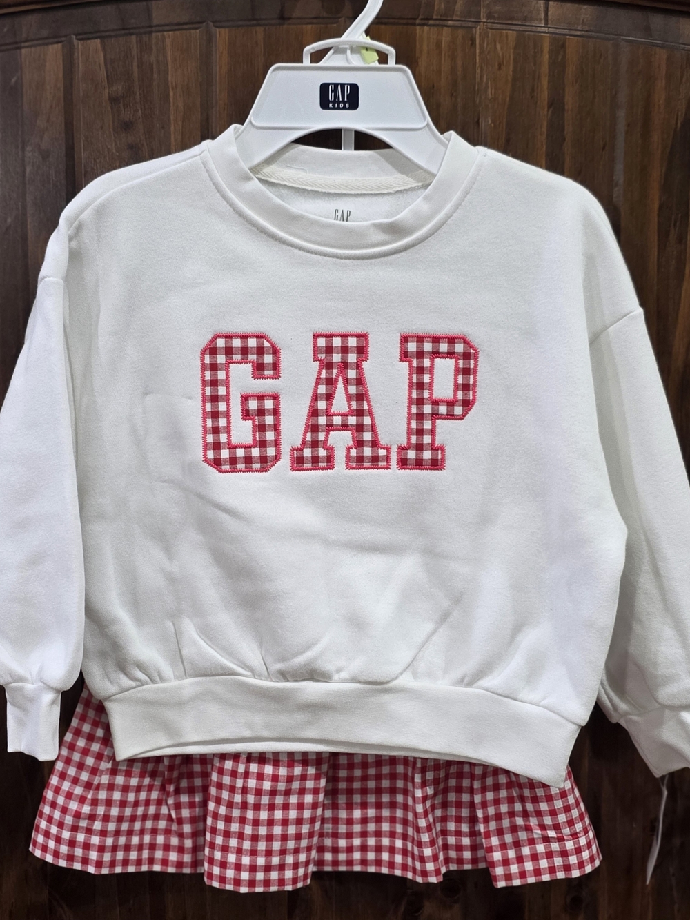 GAP Kids White Sweatshirt with Red Gingham Logo and Hem